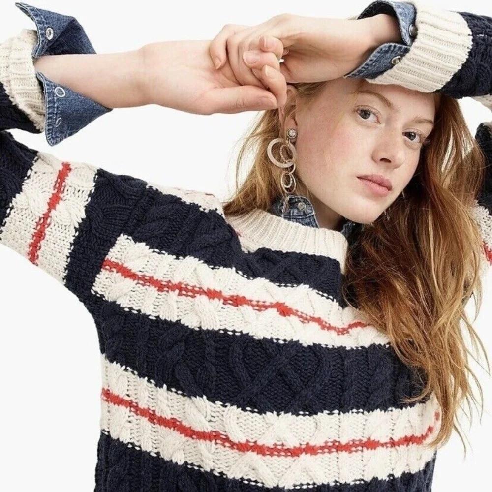 J.Crew Oversized Cozy Tunic Pullover Sweater Striped Cable Knit Crew Neck‎